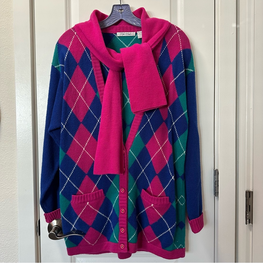 Vintage Designer Robin Sinkler Colorful Argyle Women's Cardigan Sweater